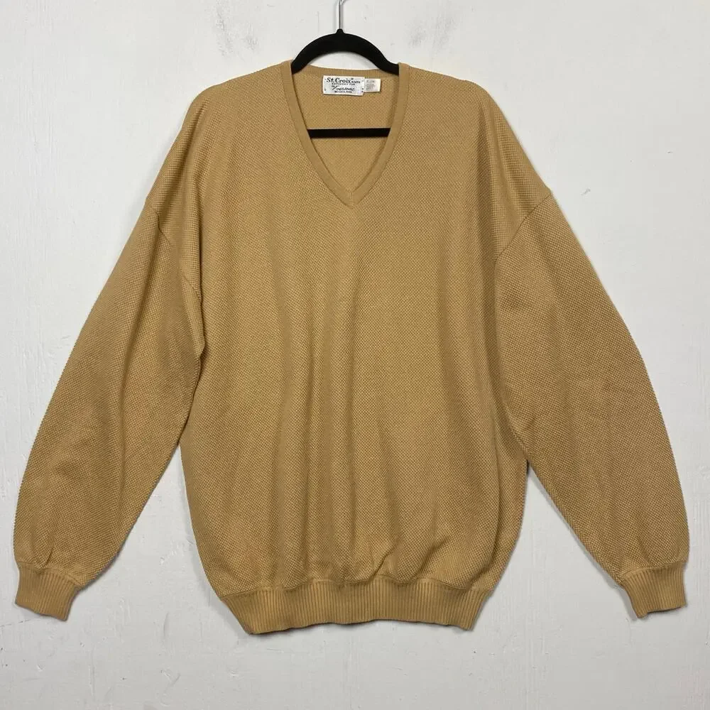 St. Croix Foursome Vintage Gold Beige V-neck Long Sleeve Pullover Size XL Long